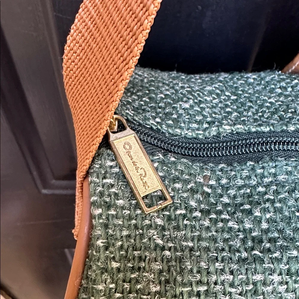 Oscar de La Renta Studio small duffel green tweed with tan straps & luggage tag